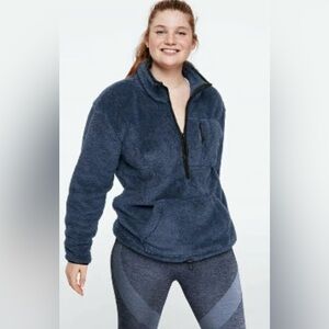Victoria’s Secret PINK Teddy Jacket Pullover Half Zip Winter Holiday Blue Sz Sm